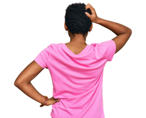 Young african american woman wearing casual clothes backwards thinking about doubt with hand on head