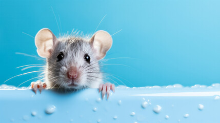 Rat is bathing isolated on blue background with copy space
