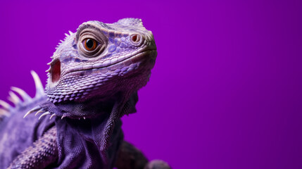 Fototapeta premium Purple iguana on purple background. Copy space