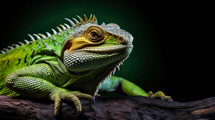 Obraz premium Green iguana on a branch on a black background, close-up