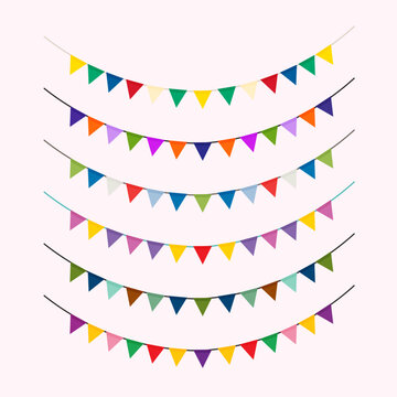 Carnival Garland With Flags. Festive Multicolored Buntings For Birthday, Party And Holiday Decoration