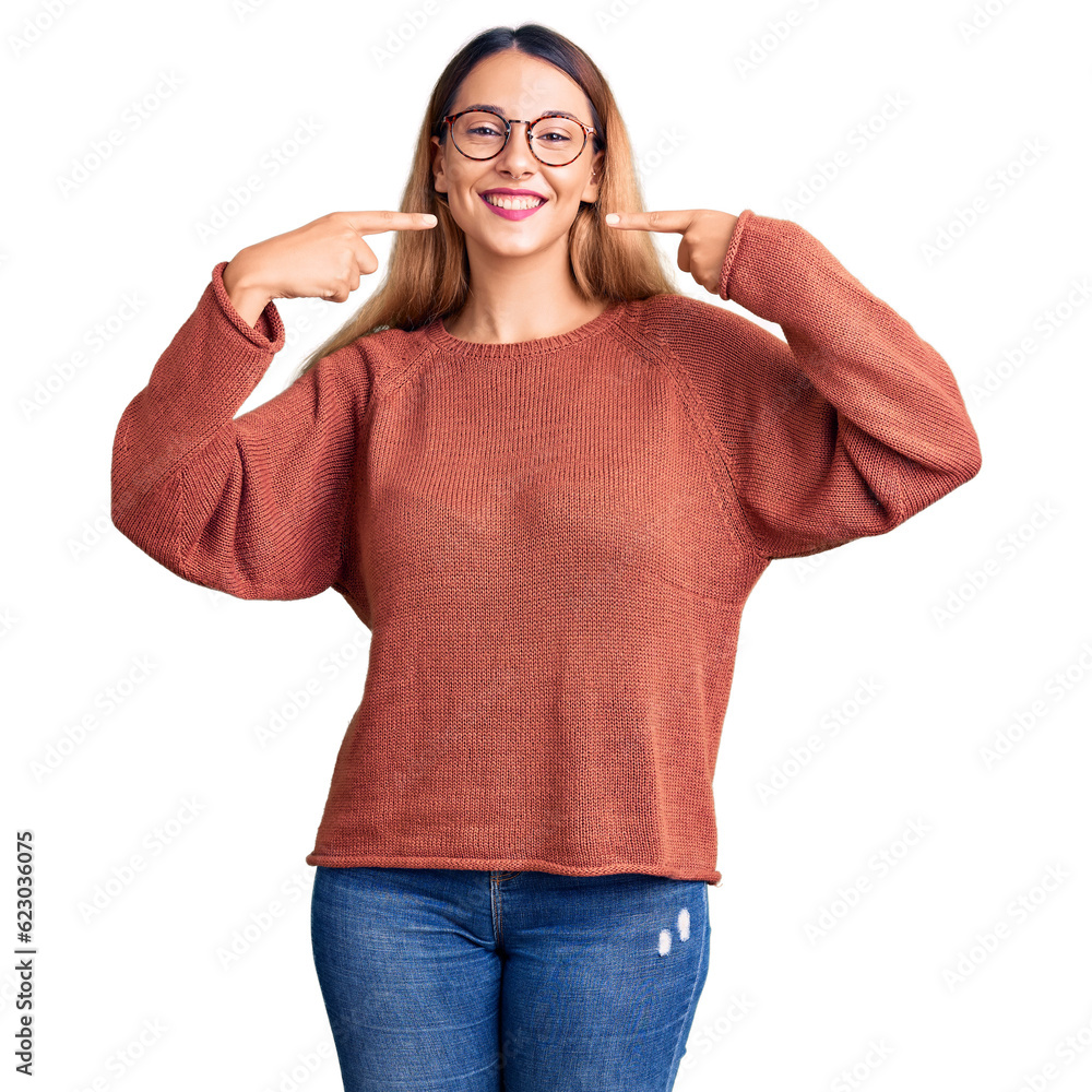 Sticker beautiful young woman wearing casual clothes and glasses smiling cheerful showing and pointing with 