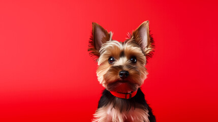 Yorkshire terrier puppy isolated on red background with copy space
