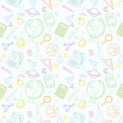 Back to school. Seamless pattern with a checkered notebook sheet and drawings.