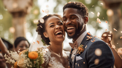 Love, confetti and wedding with black couple and happy for celebration, party and save the date event. Ai generated, ceremony and vows with man and woman for marriage, romance and flower petals