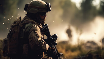 Fototapeta premium An armed forces soldier with a rifle, ready for conflict and fighting representing government and military dedication in the battlefield war zone. Generative AI