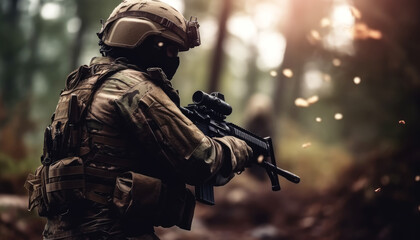 Obraz premium An armed forces soldier with a rifle, ready for conflict and fighting representing government and military dedication in the battlefield war zone. Generative AI
