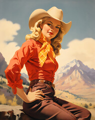 blonde cowgirl wearing red western shirt with desert mountain range vista vintage americana painting made with generative ai - obrazy, fototapety, plakaty