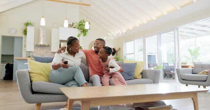 Support, black family and hug on sofa and in living room of their home happy together smiling. Love or care, happiness or bonding time and African parents cuddle on couch with their children in house