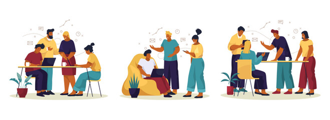 Fototapeta premium Team meeting or cowork, vector illustrations set