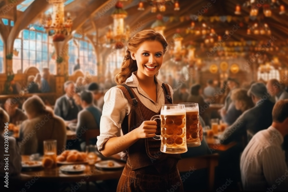 Wall mural Woman wearing traditional clothes at oktoberfest festival with beer mug. AI Generation