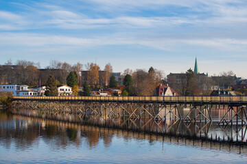 Wooden bridge over the river Nidelven, Trondheim, Norway.