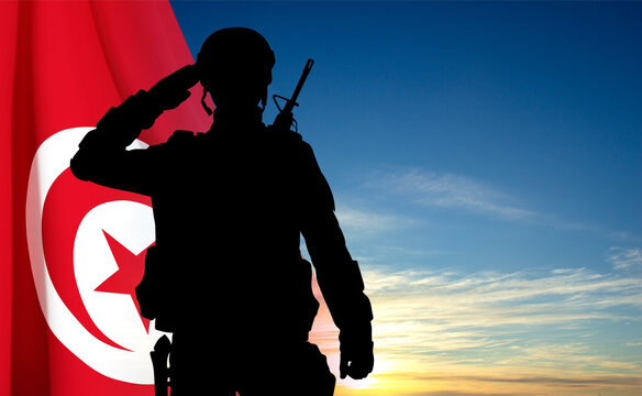 Tunisia flag with a soldier against the sunset. Concept - Armed Forces of Tunisia