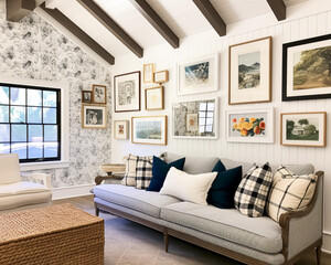Living room gallery wall, home decor and wall art, framed art in the English country cottage interior, room for diy printable artwork mockup and print shop - obrazy, fototapety, plakaty