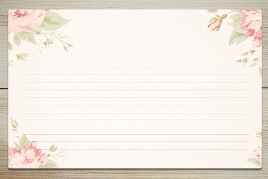 Blank vintage floral lined paper recipe card background for printable digital paper, art stationery and greeting card illustration