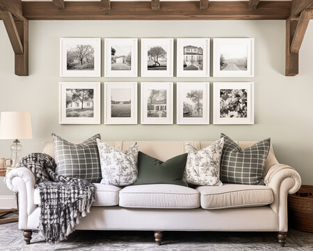 Living room gallery wall, home decor and wall art, framed art in the English country cottage interior, room for diy printable artwork mockup and print shop