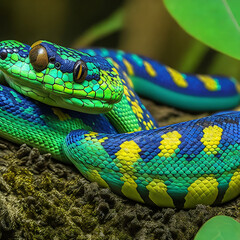 Fototapeta premium A green and blue snake on a log 