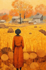Digital painting of autumnal orange harvest season. A village old woman standing with her back against the background of an autumn bright landscape