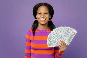 Little kid teen girl African American ethnicity 15-16 years old wear striped orange sweatshirt hold...