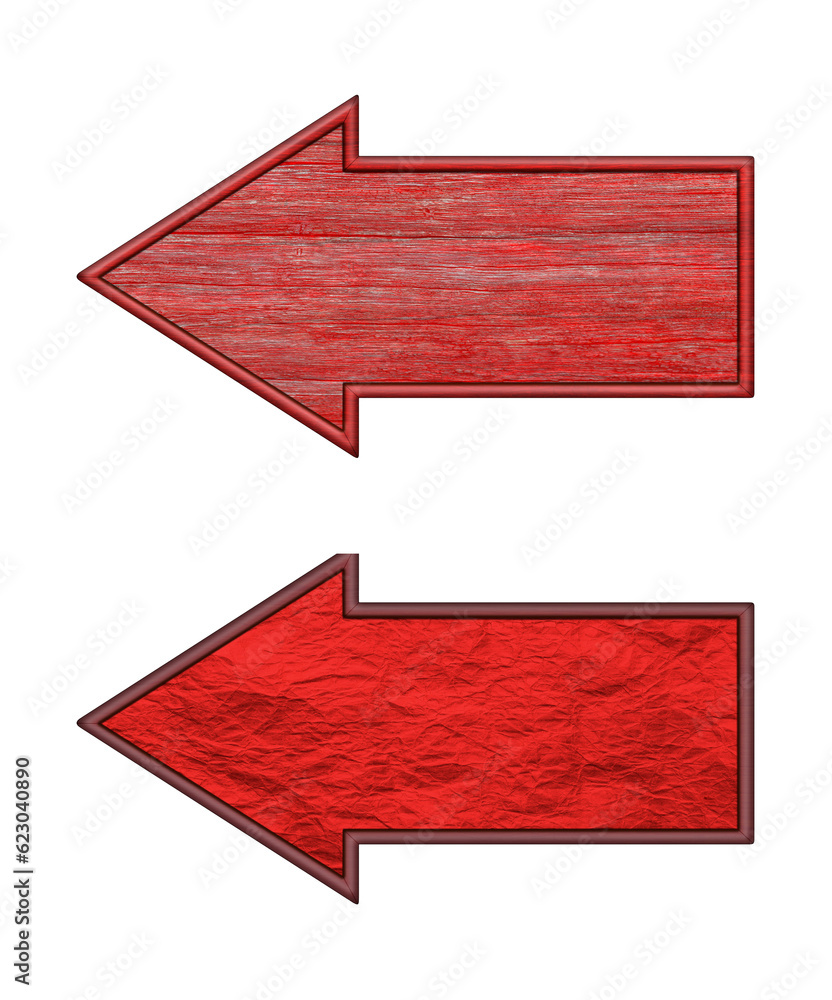 Poster arrow pointer. arrow signboard. set of red wooden arrows isolated on a white
