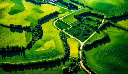 aerial photo of green fields with trees, farmland landscape
