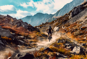 Fototapeta na wymiar a cyclist is riding down a rocky trail in mountains