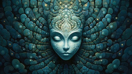 Alien female face with extraterrestrial surreal hybrid mix of Zeta Reticulan humanoid features in a carved stone mosaic sculpture - generative AI