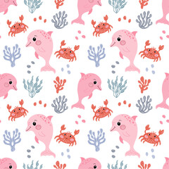 Fototapeta na wymiar Seamless pattern with cute sea animals. Vector graphics on a white background, pecfect for wallpaper, wrapping paper, for designing prints on textiles, clothes, pillows, mugs.