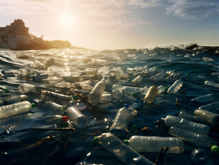 Fototapeta premium Plastic bottles and waste at a beautiful beach at sunset, ai generated 