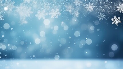Fototapeta premium Christmas illustration, winter background with snowflakes and bokeh lights, with blank space. Generative AI