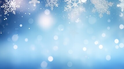 Fototapeta premium Christmas illustration, winter background with snowflakes and bokeh lights, with blank space. Generative AI