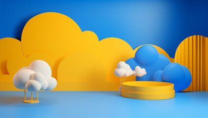 Modern yellow cylinder pedestal podium in shadow. Abstract minimal wall scene. backdrop with cloud.  product display presentation.