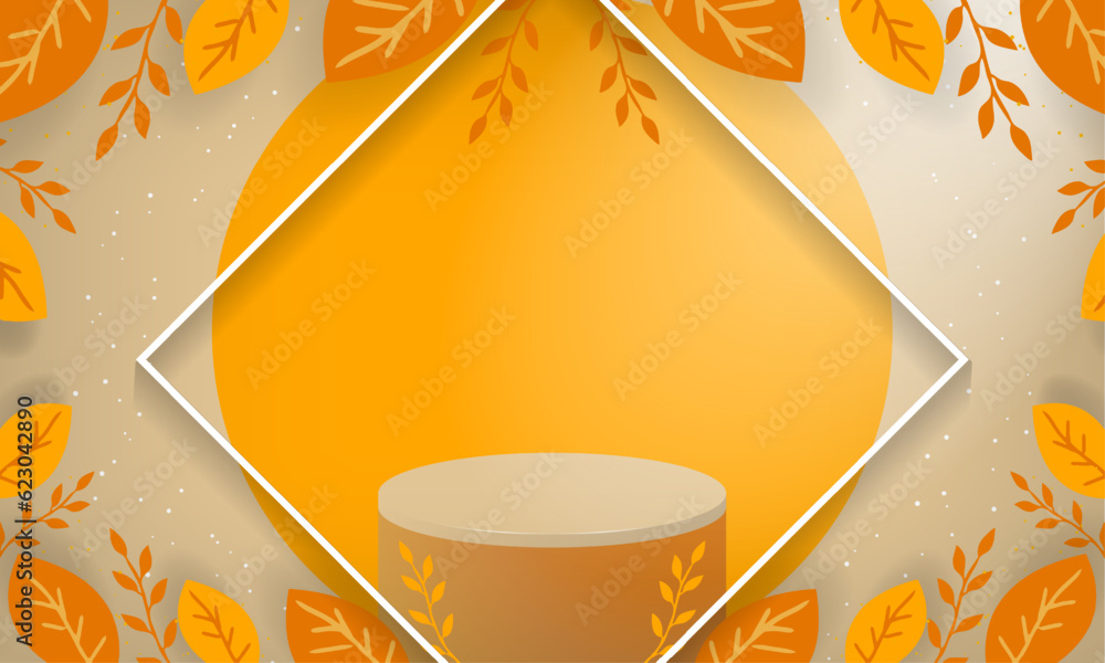 Poster autumn studio background banner with 3d rendered podium for product display and frame of foliage and