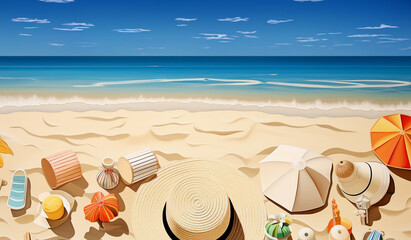 Beach toys, hats, and umbrella with copy space. summer vacation concept.