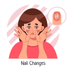 Nail Changes. A frightened woman looks at her nails. Brittle nails, nail pits, depressions. A symptom of anemia, lack of vitamins. Vector medical illustration in cartoon styled