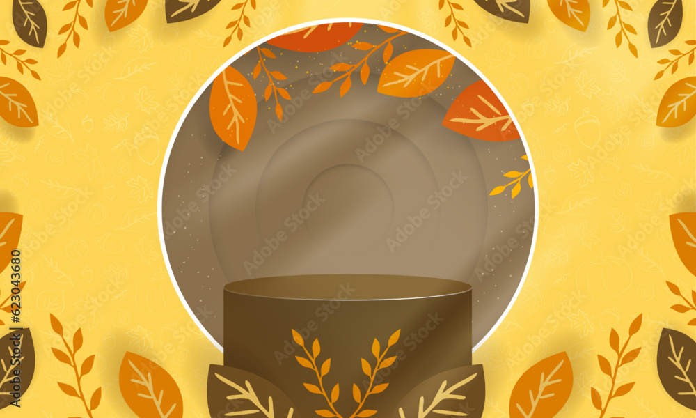 Poster autumn-themed 3d rendered showcase podium with canopy of leaves as frame, soft light towards brown p