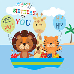 Obraz na płótnie Canvas birthday card with lion. giraffe and tiger on the boat
