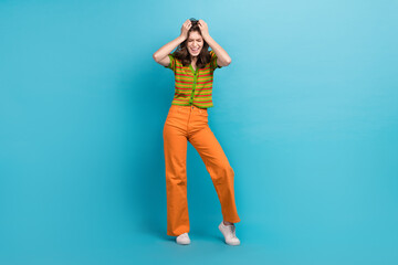 Full length photo of suffering stressed girl curly hairstyle wear striped shirt hold arms on...
