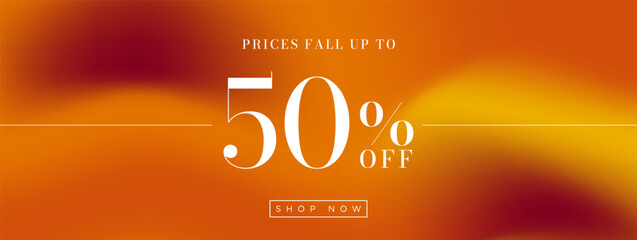 Prices fall up to 50% off sales banner on liquid smooth orange gradient background with shop now CTA. Clean and modern sales banner. Editable Vector Illustration. EPS 10.