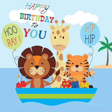 birthday card with lion. giraffe and tiger on the boat