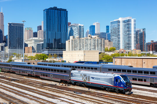 Skyline With Amtrak Midwest Passenger Train Railway Near Union Station In Chicago, United States