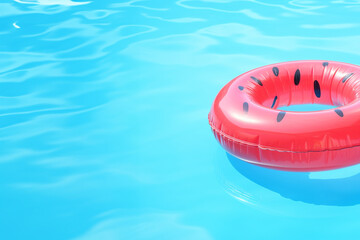 Inflatable tube with watermelon design floating in swimming pool. copy space. generative ai 