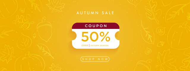 Autumn Sale Online Voucher Banner Concept on orange gradient background with drawn leaves, maple, pumpkin, acorns. Pop up coupon with space for code and 50% off, shop now button. Vector Illustration.