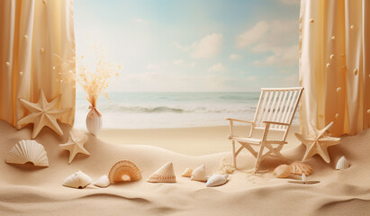 beach seaside front view of seashells, hat, picnic bag. picnic concept. healing. copy space - obrazy, fototapety, plakaty