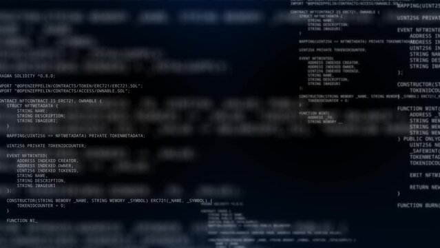Abstract computer code running in a virtual space.Programming code with on dark blue background, Seamless 3D digital Technology motion loop animation.