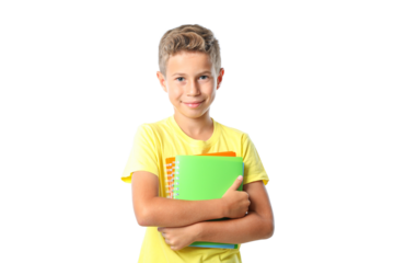 PNG,boy in yellow t-shirt with copybooks, isolated on white background