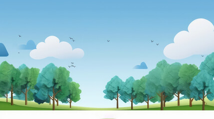 Illustration with blue sky background trees and clouds with copy space