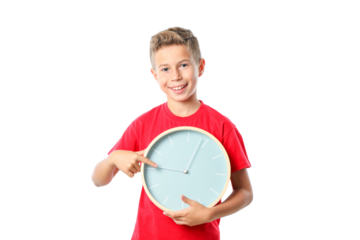 PNG,boy in red t-shirt with clock, isolated on white background