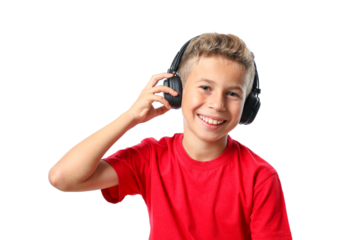 PNG,boy in red t-shirt with headphones, isolated on white background