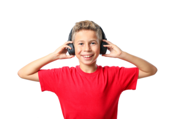 PNG,boy in red t-shirt with headphones, isolated on white background